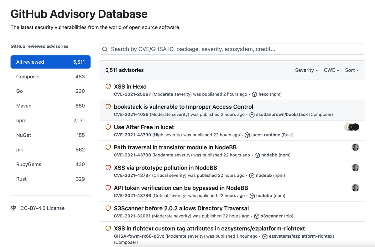 Screenshot of the GitHub Advisory Database.