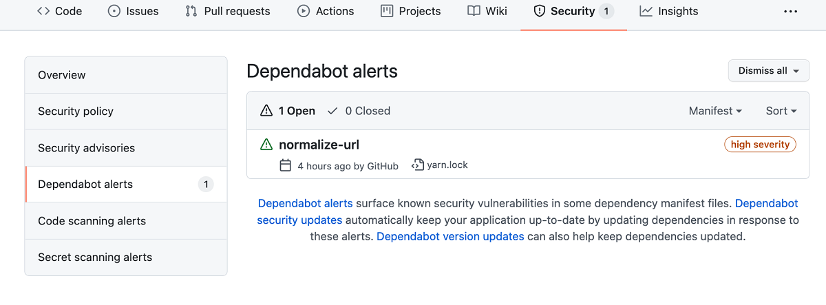 Screenshot of dependency alerts in the GitHub Security tab.