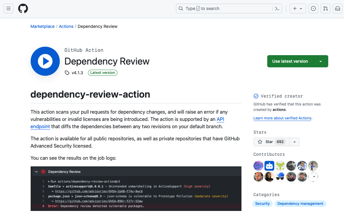 Screenshot of the dependency-review-action in the github marketplace.