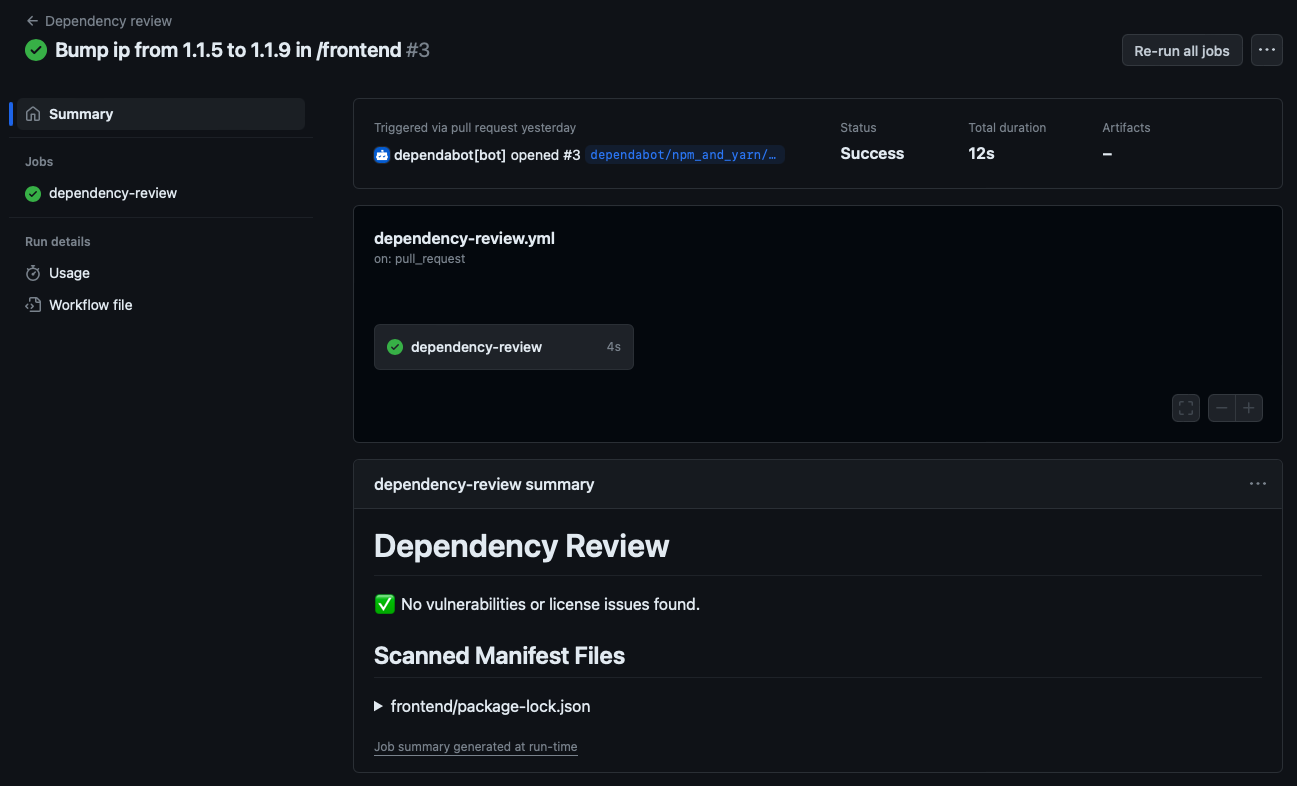 Screenshot of example dependency review summary with no issues found.