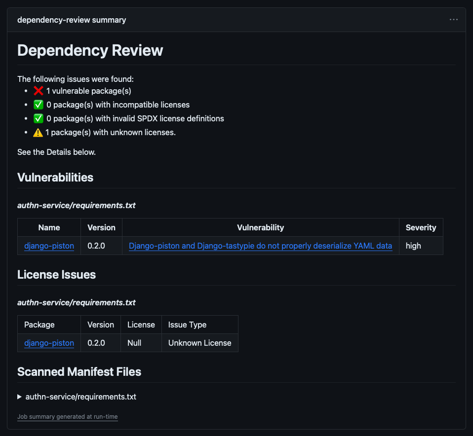 Screenshot of example dependency review summary with vulnerable package.