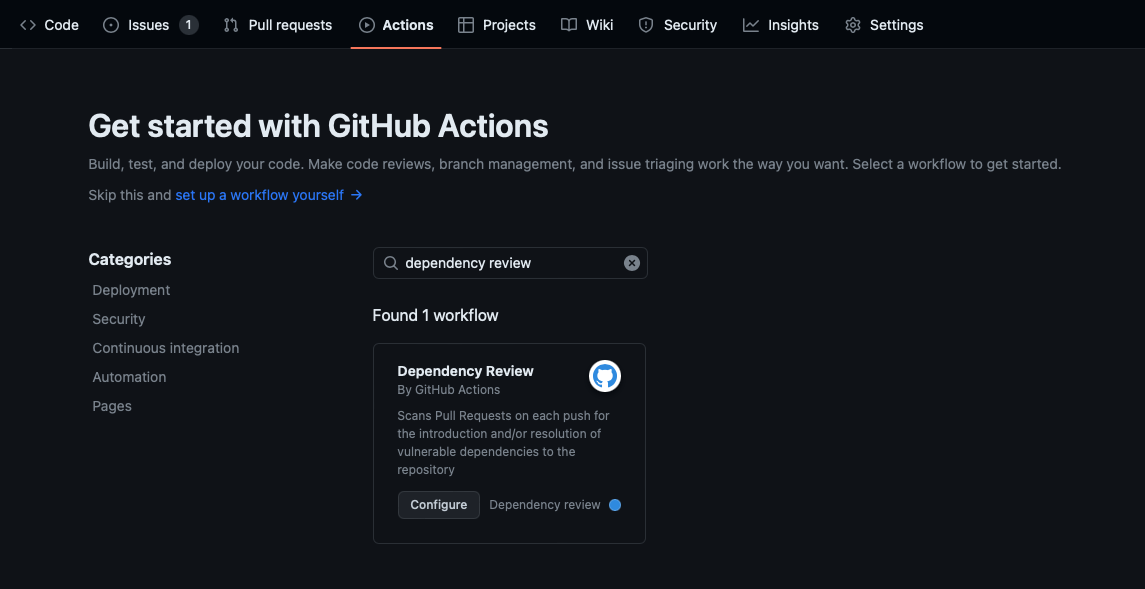 Screenshot of finding the dependency review GitHub action from a repository.
