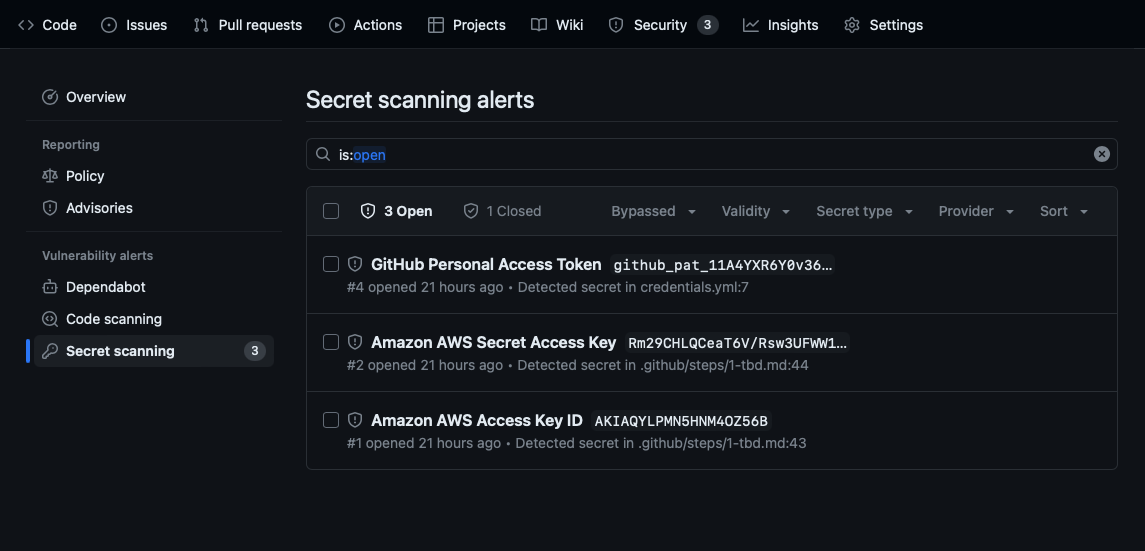 Screenshot of secret scanning alerts.