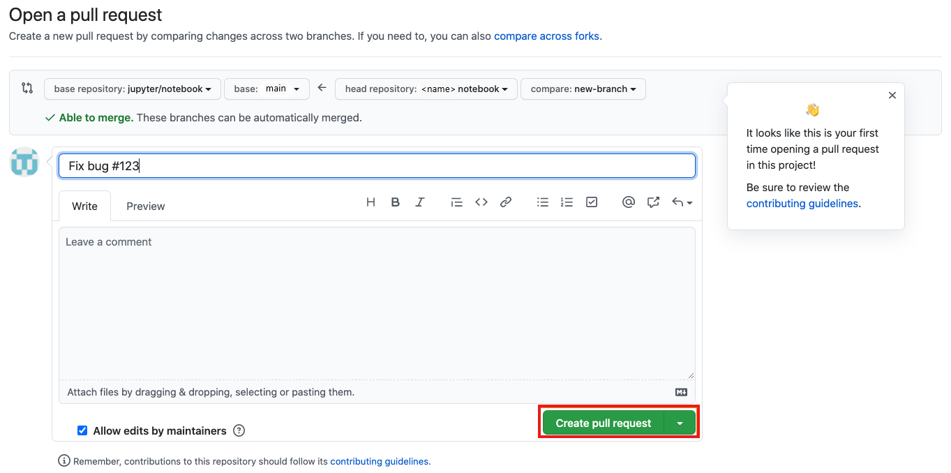 Screenshot showing the pull request creation interface.