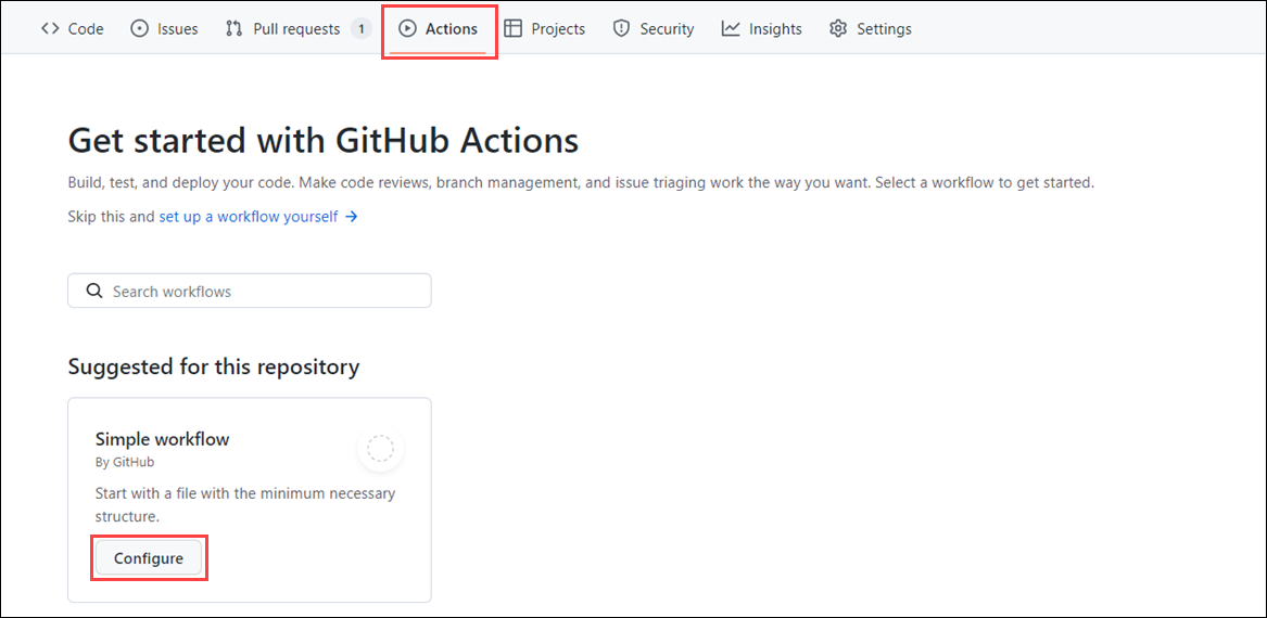 Screenshot of the *Actions tab* in GitHub Actions displaying a simple workflow and a button to set up this workflow.