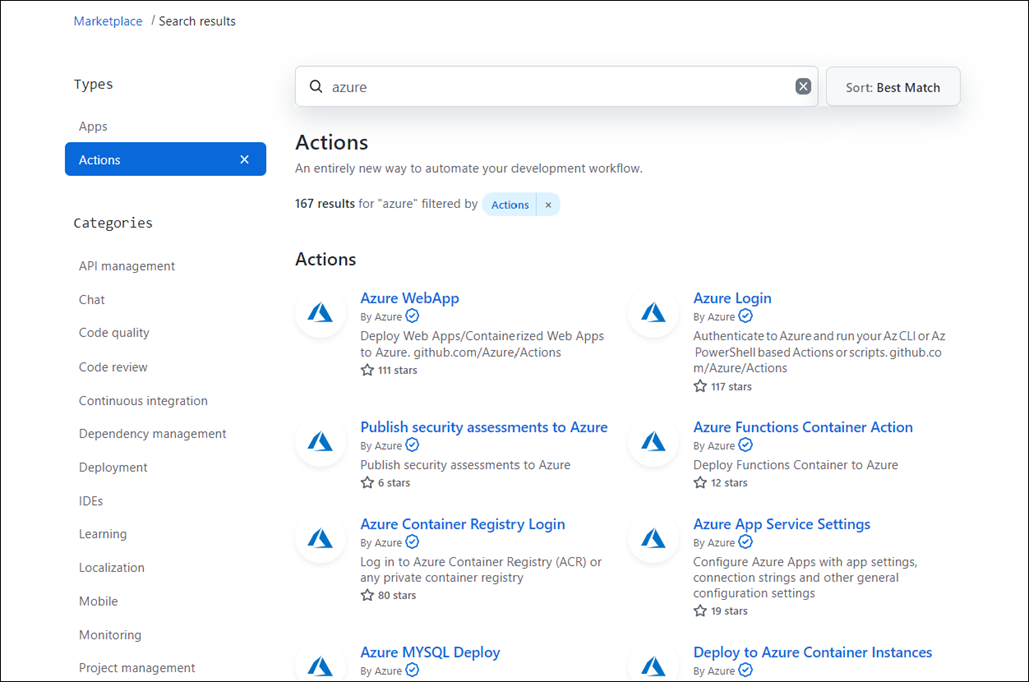 The GitHub Marketplace showing search results for Azure.
