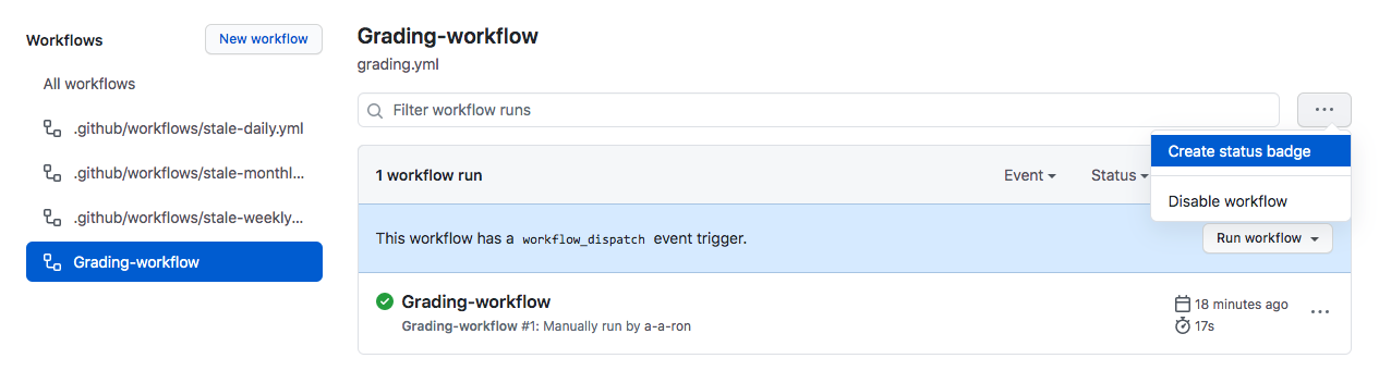 Screenshot that shows the option to create a status badge from the workflows section on GitHub.