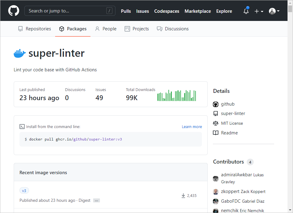 GitHub container image page, with image versions listing, statistics and instructions about how to install it.