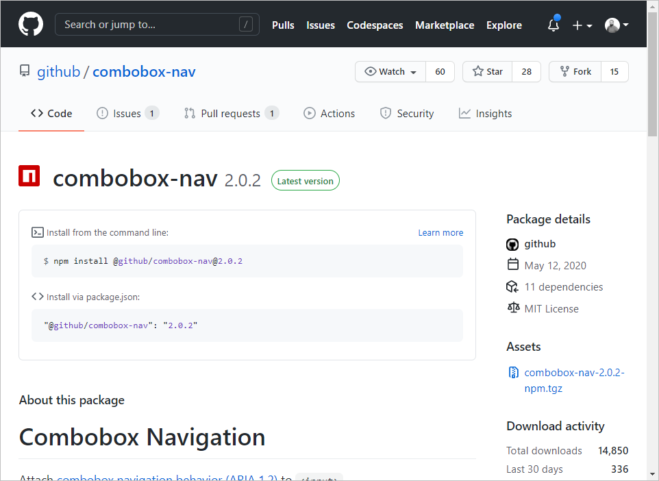GitHub n p m package page, with description, and instructions about how to install it.