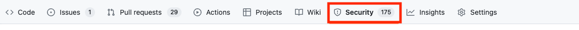 Image of the security tab boxed by red highlight in the GitHub navigation bar.