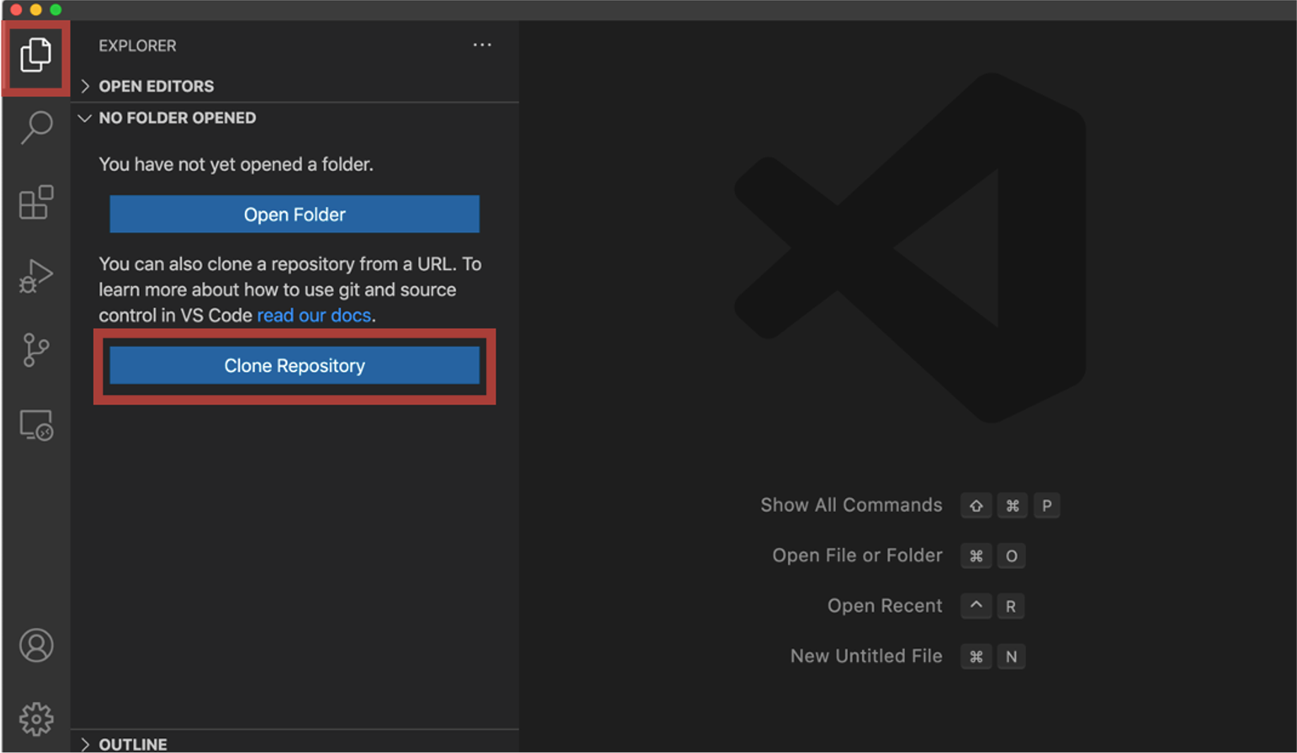 The option for cloning a repository in the Visual Studio Code Explorer view.