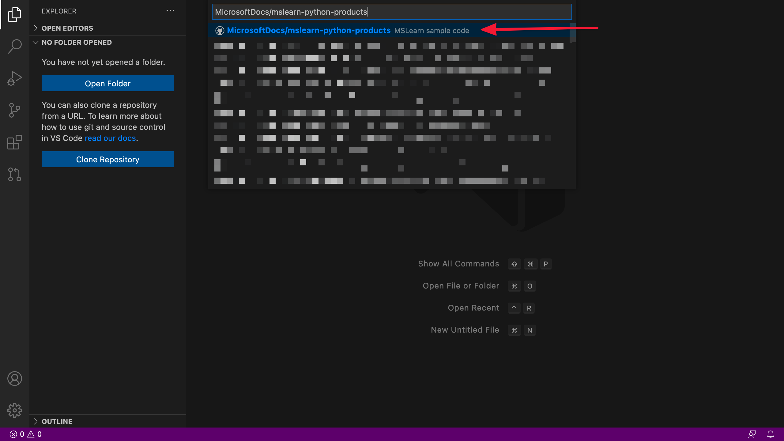 Screenshot of the Explorer view in Visual Studio Code, with the Clone Repository button outlined and the Clone from GitHub option on the command palette.
