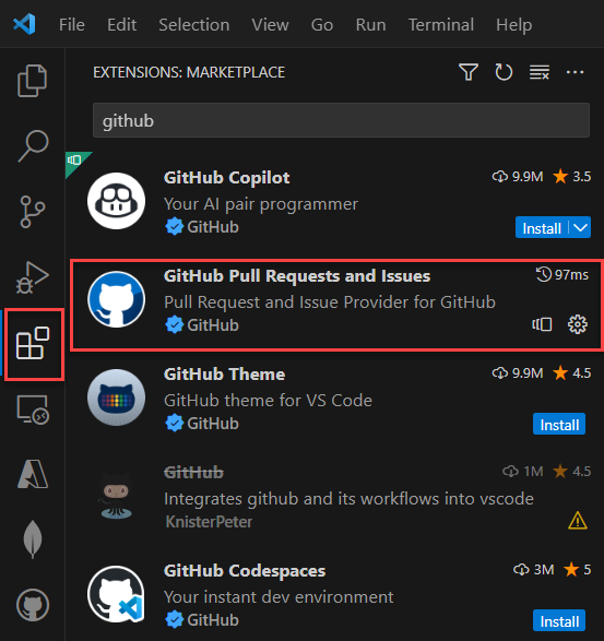Screenshot of the extensions view in Visual Studio Code, showing search results.