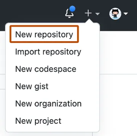 A screenshot of the drop-down menu of the plus sign in the top right corner of GitHub.com, with the first option being New repository.