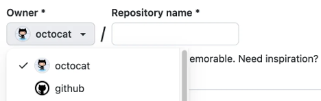 A screenshot of the drop-down menu of who should be the owner of the new repository.