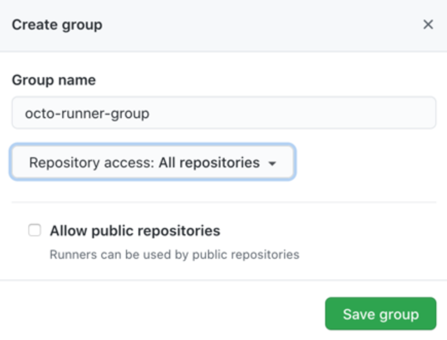Screenshot of the New group screen with group name example for all repositories.