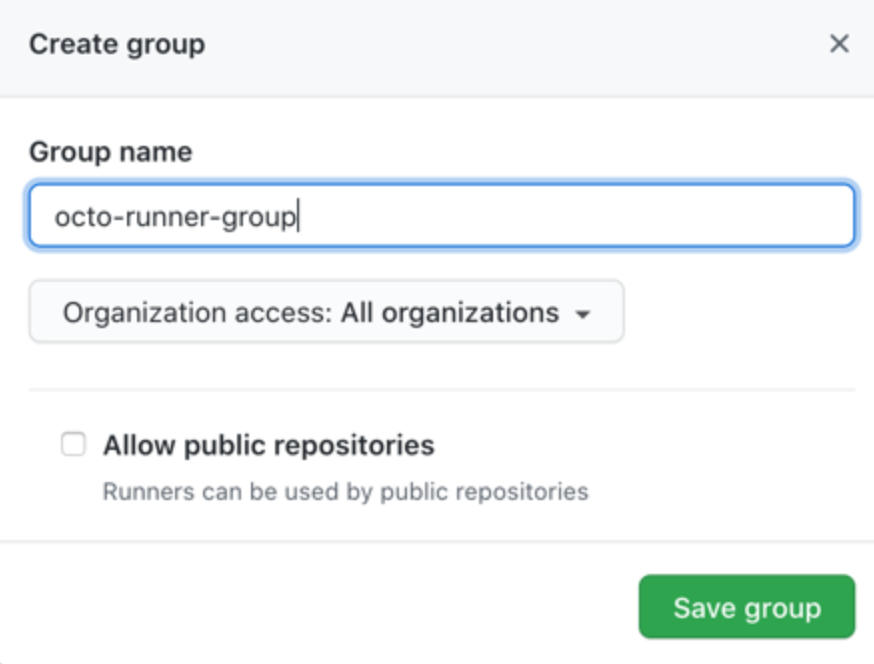 Screenshot of the New group screen with group name example for all organizations.