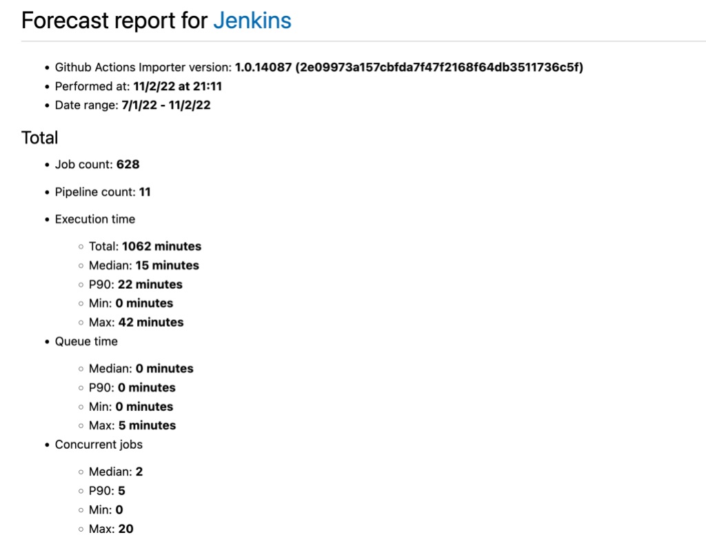 Screenshot of a forecast report showing metrics for a Jenkins migration.