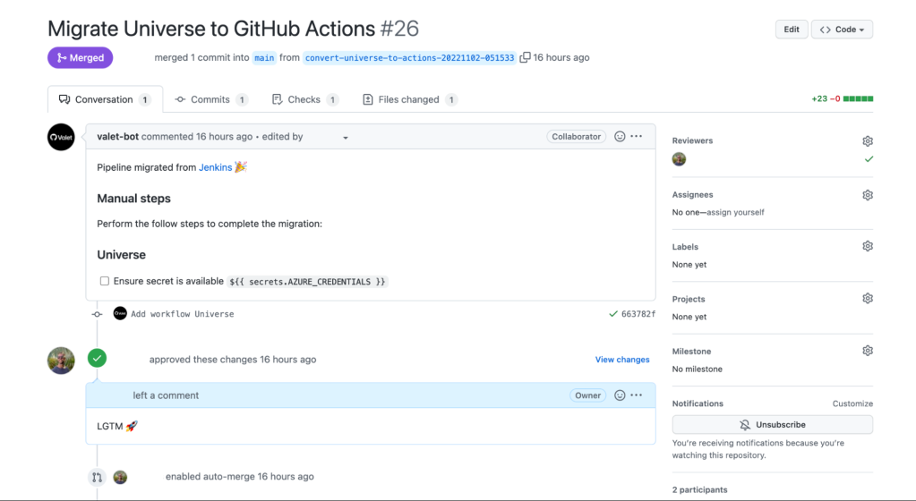 Screenshot of a merged pull request showing completed manual tasks and an approved code review.