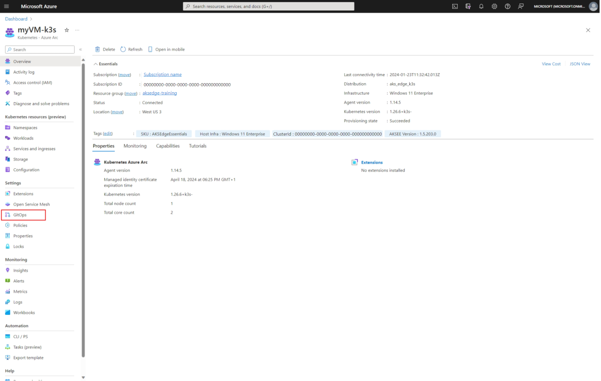 Screenshot of AKS Edge Essentials Kubernetes Azure Arc resource in Azure portal, with GitOps highlight.