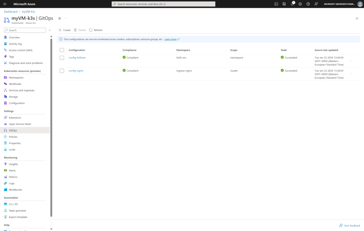Screenshot of cluster-level and namespace-level configurations in Azure portal.
