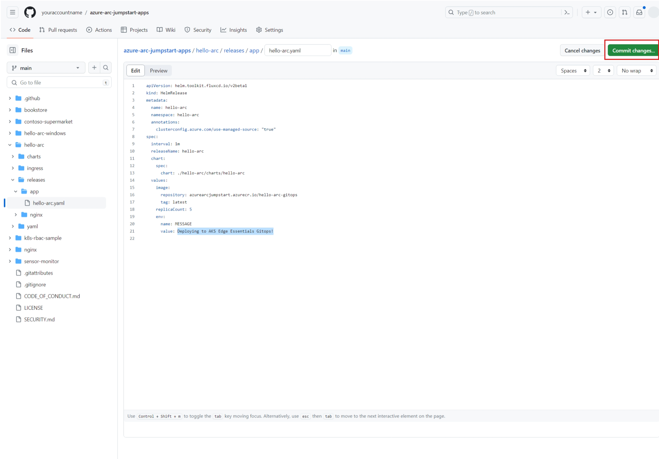 Screenshot of application changes in the GitHub repository.