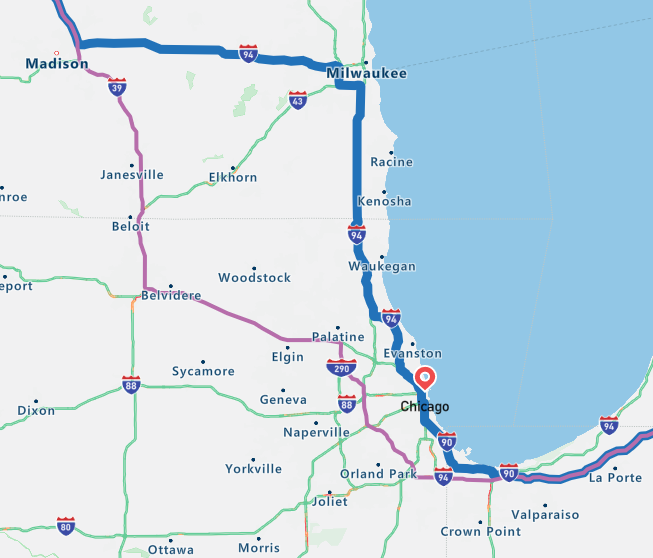 Screenshot of truck and car routes diverging in Chicago