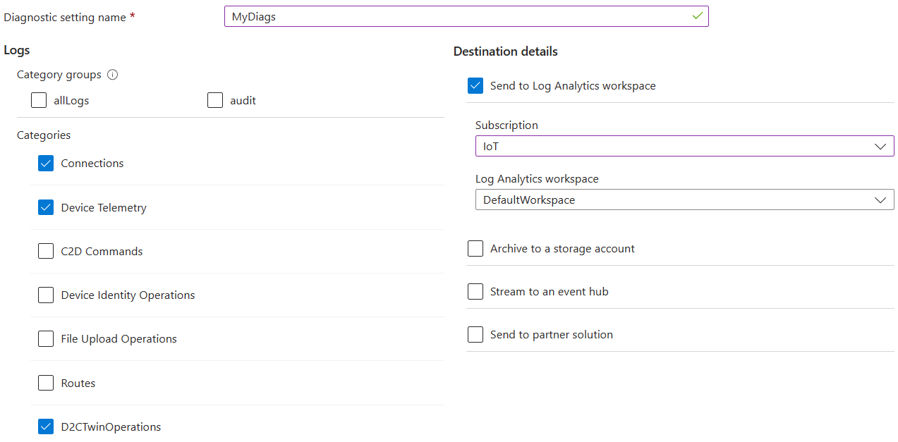 Diagram that shows example Azure Monitor diagnostic settings.