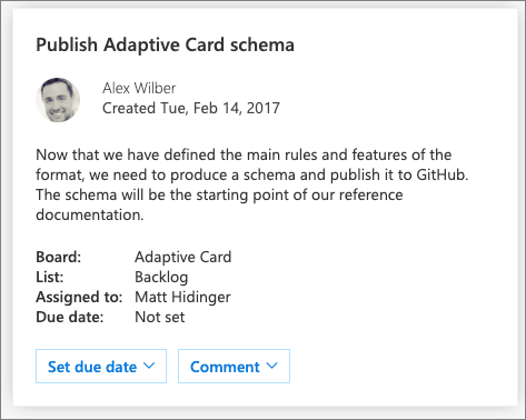 Screenshot of the Activity Card sample rendered in Outlook.