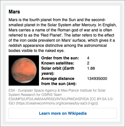 Screenshot of Mars rendered from the Adaptive Card template.