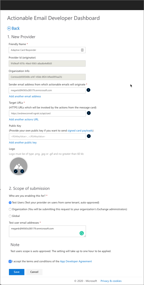 Screenshot of the Actionable Email Developer Dashboard submission.