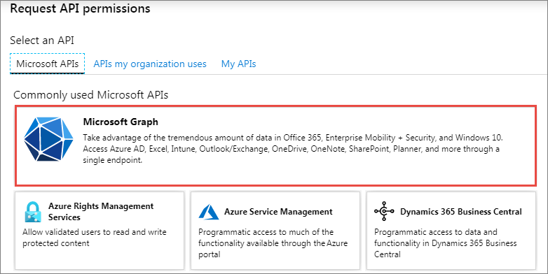 Screenshot of Microsoft Graph in the Request API permissions panel.