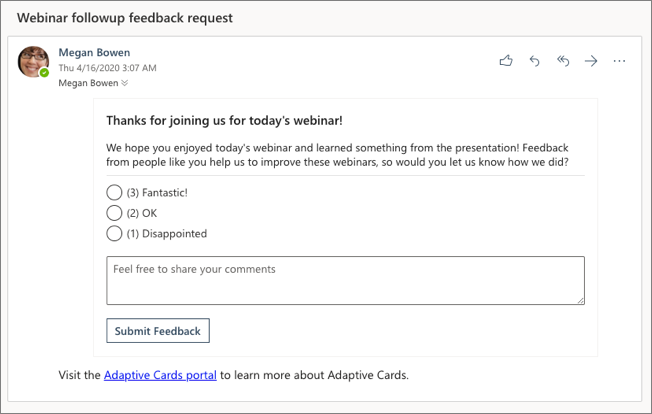 Screenshot of the rendered email with an Adaptive Card.