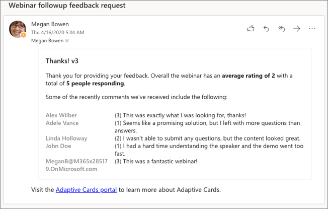 Screenshot of the refreshed email with the refreshed Adaptive Card.