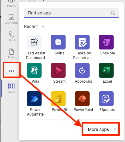 Screenshot of More added apps dialog in Microsoft Teams.