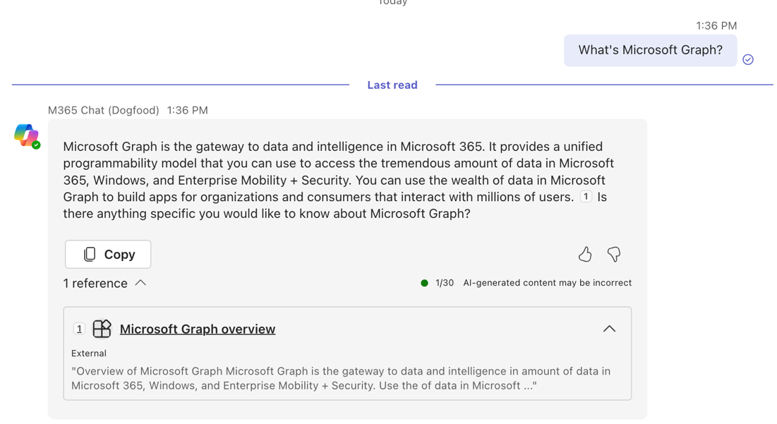Screenshot of the first answer from Copilot for Microsoft 365 displayed in a conversation in Microsoft Teams.