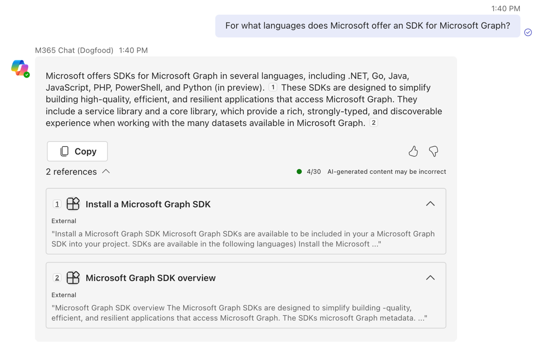 Screenshot of the second answer from Copilot for Microsoft 365 displayed in a conversation in Microsoft Teams.