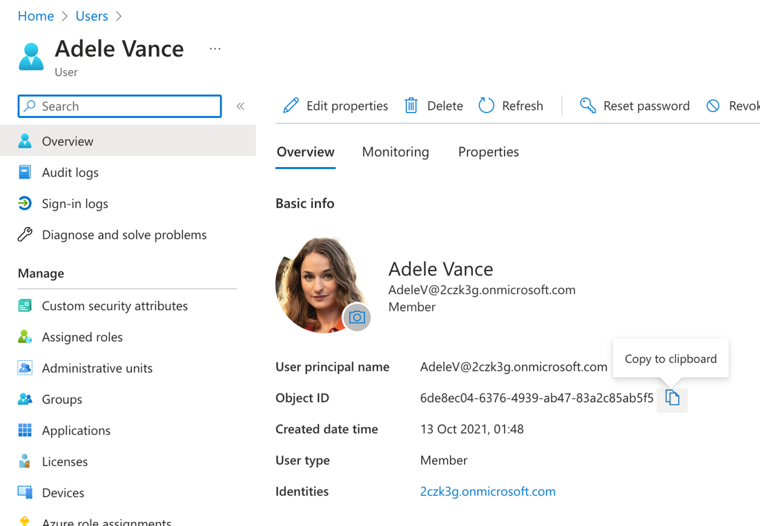 Screenshot of the Azure portal with a user profile open.