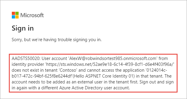 Screenshot of Azure AD blocking the sign in of a non-organization user