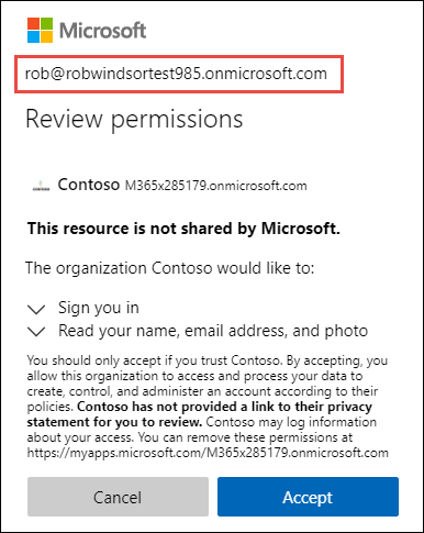 Screenshot of a guest user consent to another Azure AD directory