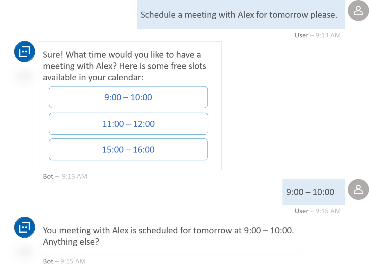 Screenshot showing a chatbot that consumes Microsoft Graph Outlook calendar API as a productivity solution.