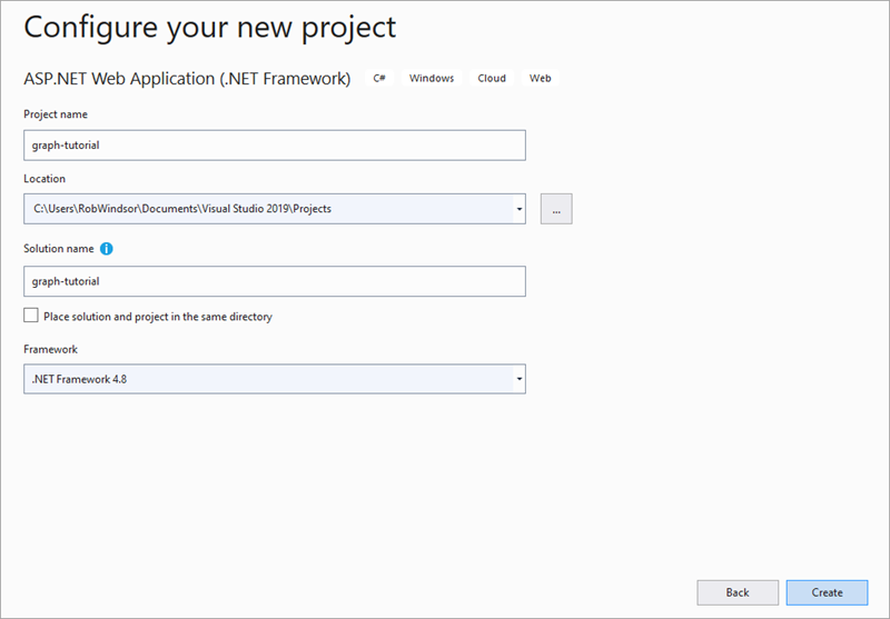 Visual Studio Configure New Project dialog