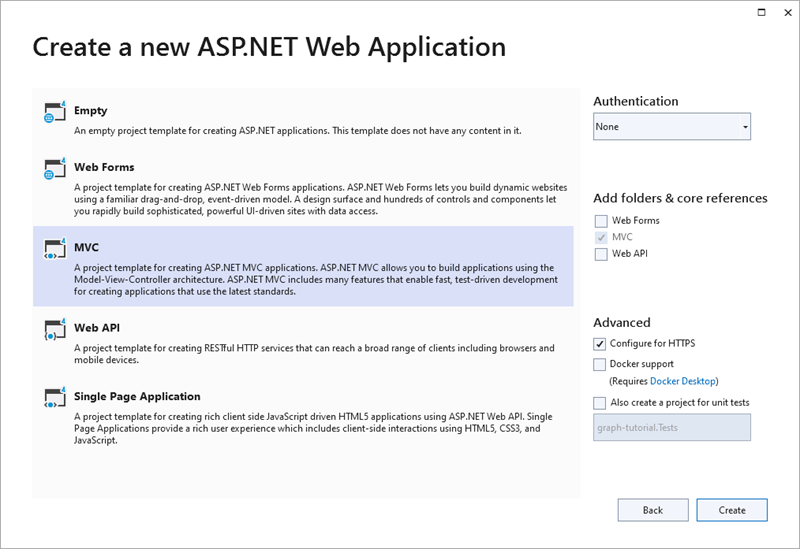 Visual Studio Create new ASP.NET web application dialog