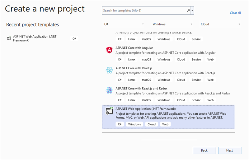 Visual Studio Create New Project dialog