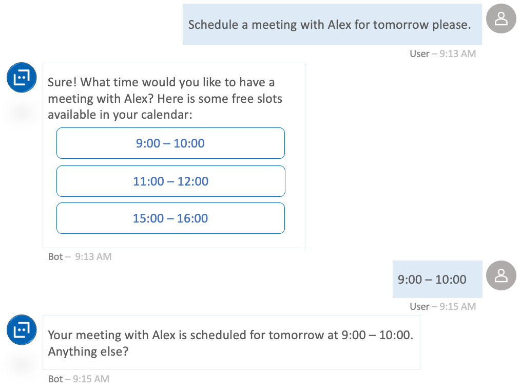 Screenshot showing a chatbot that consumes the Microsoft Graph Outlook calendar API as a productivity solution.