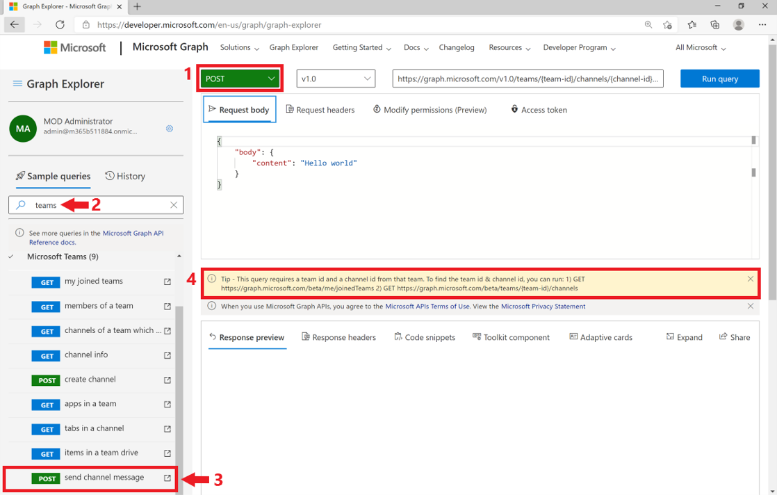 Screenshot showing post request in Microsoft Graph Explorer.