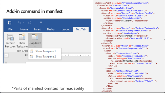 Screenshot of an Office application next to an add-in manifest excerpt.