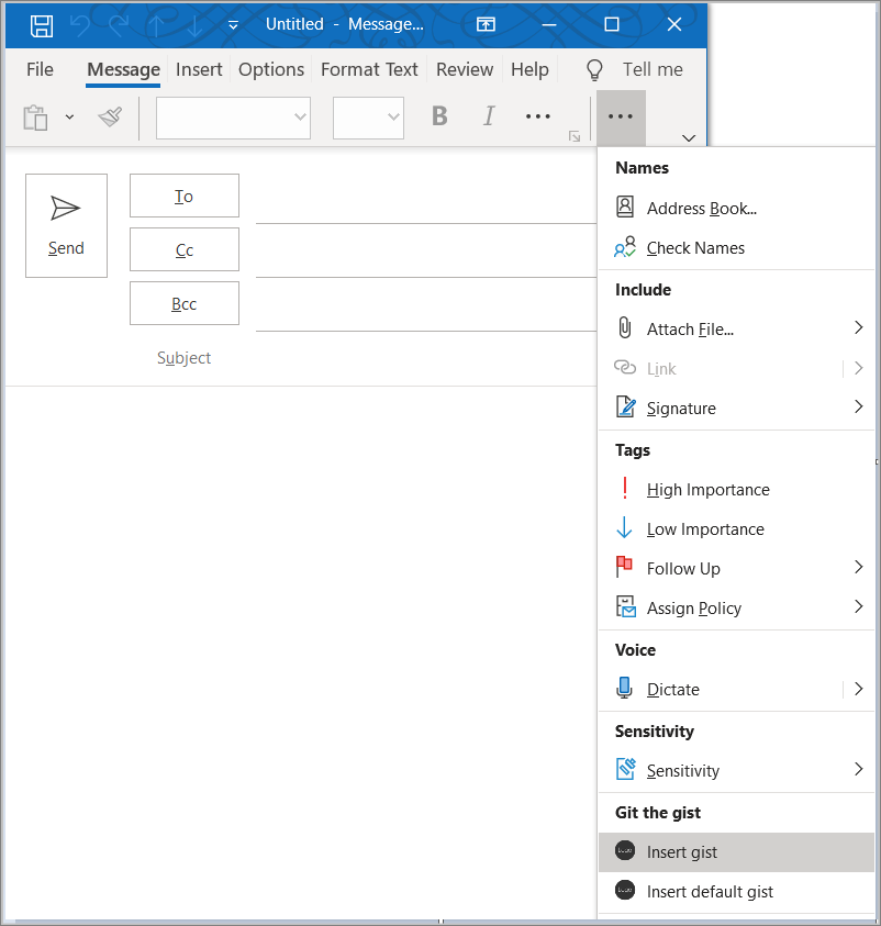Screenshot of Outlook on Windows with the add-in's buttons highlighted in the ribbon overflow menu.