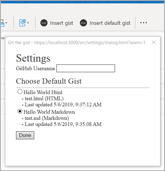 Screenshot of add-in's settings dialog.