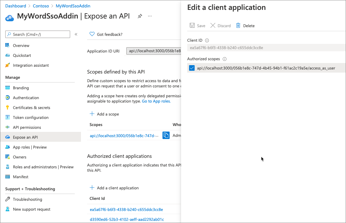 Screenshot showing ID and authorized clients who can access the add-in's API.